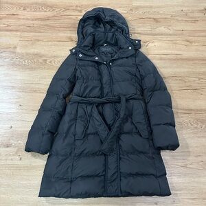 J. Crew Women Black Down Belted Puffer Coat Detachable Hood Long Jacket XS